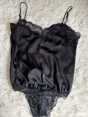 Free People Black Satin Lace Trim Bodysuit